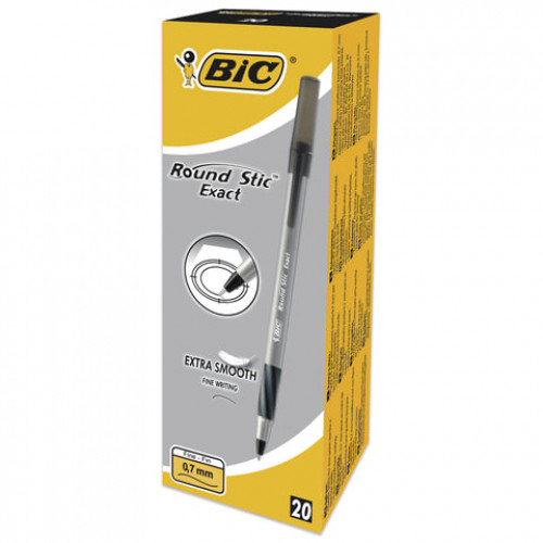 Ручка шариковая с грипом BIC Round Stic Exact, ЧЕРНАЯ, корпус серый, узел 0,8 мм, линия письма 0,3 мм, 918542