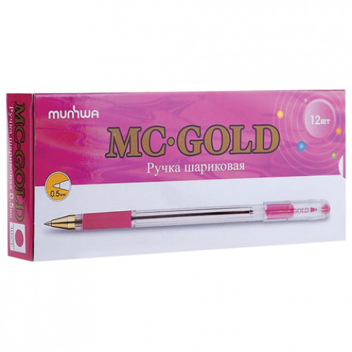 Ручка шариковая масляная с грипом MUNHWA MC Gold, РОЗОВАЯ, корпус прозрачный, узел 0,5 мм, линия письма 0,3 мм, BMC-10