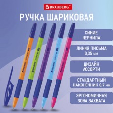 Ручка шариковая с грипом BRAUBERG ULTRA GT MIX, СИНЯЯ, корпус ассорти, линия 0,35 мм, 144055