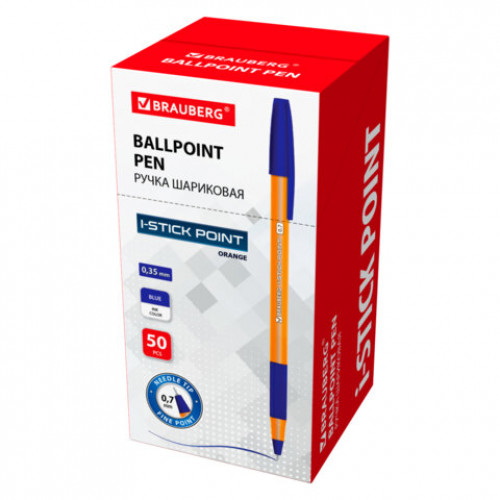 Ручка шариковая с грипом BRAUBERG i-STICK POINT ORANGE, СИНЯЯ, пишущий узел 0,7 мм, линия письма 0,35 мм, 144386