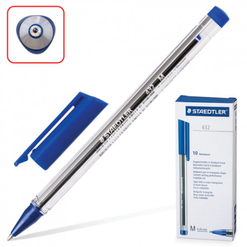 Ручка шариковая STAEDTLER Ball, СИНЯЯ, трехгранная, корпус прозрачный, узел 1 мм, линия письма 0,5 мм, 432 M-3