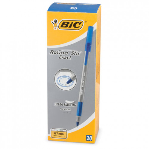 Ручка шариковая с грипом BIC Round Stic Exact, СИНЯЯ, корпус серый, узел 0,8 мм, линия письма 0,3 мм, 918543