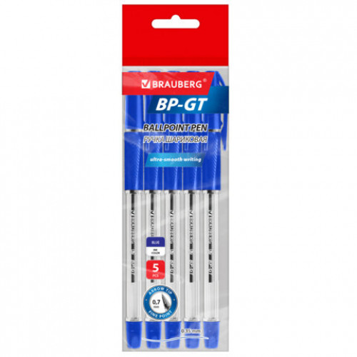 Ручки шариковые BRAUBERG BP-GT, НАБОР 5 ШТУК, СИНИЕ, пишущий узел 0,7 мм, линия письма 0,35мм, 144509