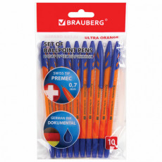 Ручки шариковые BRAUBERG ULTRA ORANGE, СИНИЕ, НАБОР 10 штук, корпус оранжевый, узел 0,7 мм, 143571