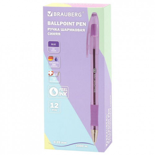 Ручка шариковая масляная с грипом PASTEL, BRAUBERG, СИНЯЯ, стандартный узел 0,5 мм, линия письма 0,25 мм, 144488