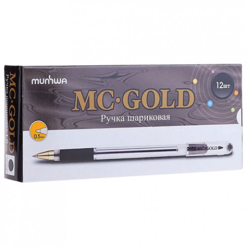 Ручка шариковая масляная с грипом MUNHWA MC Gold, ЧЕРНАЯ, корпус прозрачный, узел 0,5 мм, линия письма 0,3 мм, BMC-01