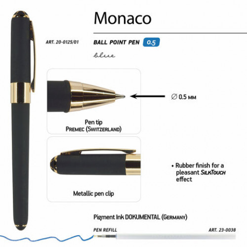 Ручка шариковая BRUNO VISCONTI MONACO, черный корпус, узел 0,5 мм, линия письма 0,3 мм, синяя, 20-0125/01