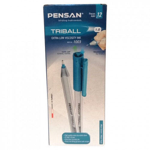 Ручка шариковая масляная PENSAN Triball, ГОЛУБАЯ, трехгранная, узел 1 мм, линия письма 0,5 мм, 1003/12