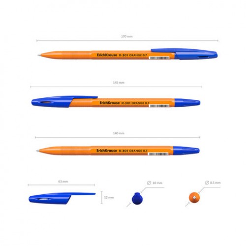 Ручки шариковые ERICH KRAUSE R-301 Stick Orange, СИНИЕ, набор 8 штук, 0,7мм, 56614