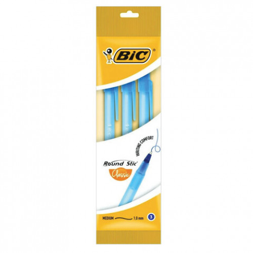 Ручки шариковые BIC Round Stic, НАБОР 3 шт., СИНИЕ, узел 1 мм, линия письма 0,32 мм, пакет, 9021522