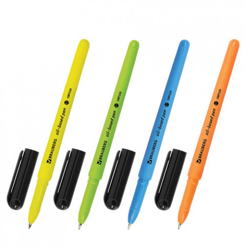Ручка шариковая масляная BRAUBERG Fine Neon, СИНЯЯ, корпус ассорти, узел 0,7 мм, линия письма 0,35 мм, 142948