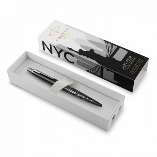 Ручка шариковая PARKER Jotter New York Black CT, корпус черный лак, детали из нержавеющей стали, синяя, 2187554