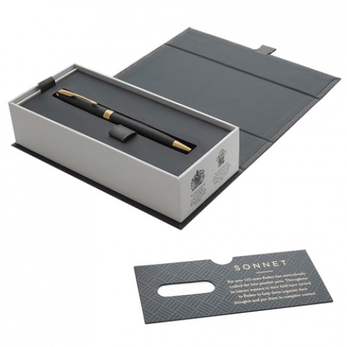 Ручка шариковая PARKER Sonnet Core Matt Black GT Slim, тонкая, корпус черный матовый лак, позолоченные детали, черная, 1931520