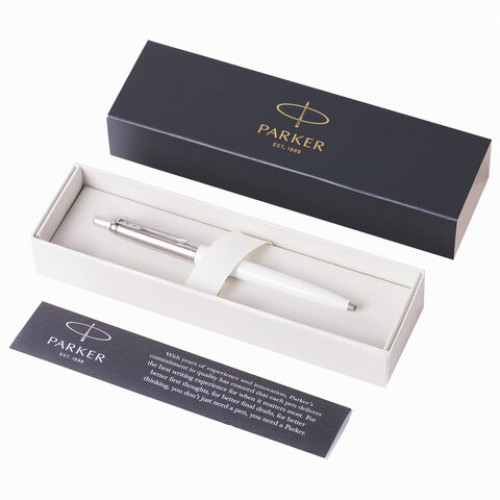 Ручка шариковая PARKER Jotter Plastic CT, корпус белый, детали из нержавеющей стали, синяя, R0032930