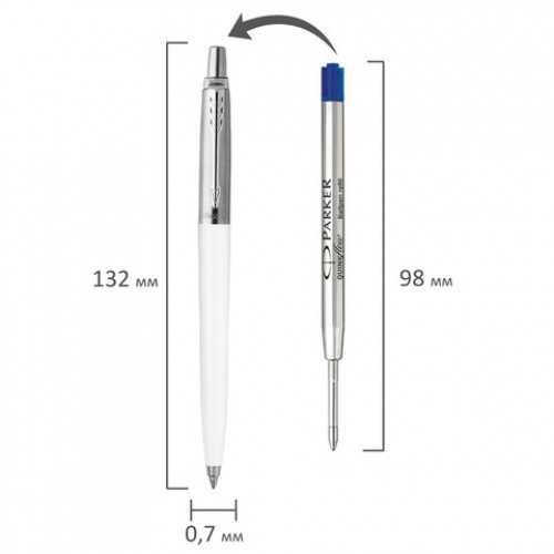 Ручка шариковая PARKER Jotter Plastic CT, корпус белый, детали из нержавеющей стали, синяя, R0032930