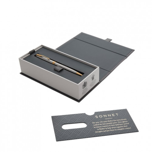 Ручка шариковая PARKER Sonnet Core Stainless Steel GT Slim, тонкая, корпус серебристый, позолоченные детали, черная, 1931508
