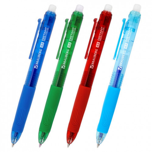 Ручки гелевые стираемые автоматические BRAUBERG DISTANT NEON COLOR, СИНИЕ, НАБОР 4 ШТУКИ, пишущий узел 0,5мм, линия письма 0,35 мм, 144432
