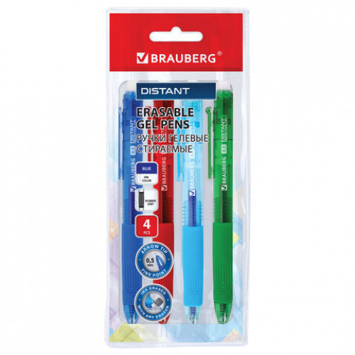 Ручки гелевые стираемые автоматические BRAUBERG DISTANT NEON COLOR, СИНИЕ, НАБОР 4 ШТУКИ, пишущий узел 0,5мм, линия письма 0,35 мм, 144432