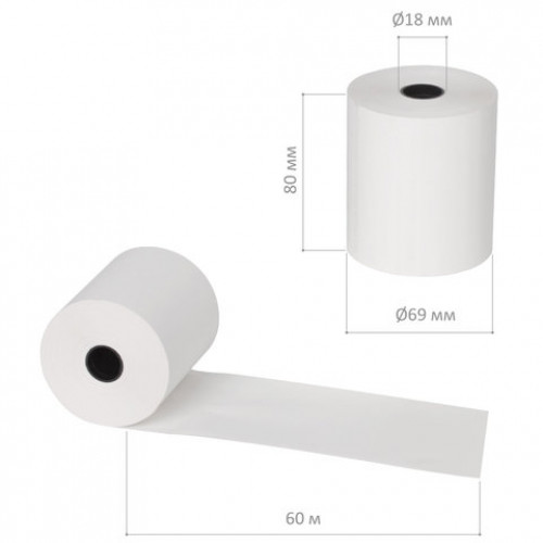 Чековая лента ТЕРМОБУМАГА 80 мм (диаметр 69 мм, длина 60 м, втулка 18 мм) КОМПЛЕКТ 6 шт., BRAUBERG, 110894