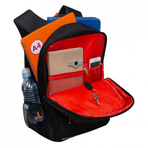 Рюкзак GRIZZLY школьный, анатом. спинка, 2 отделения, д/мальч., BLACK/ORANGE, 39х26х1, RB-156-1m/7