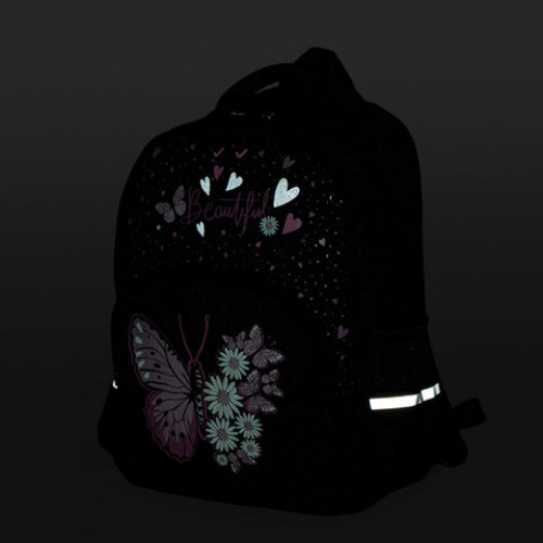 Рюкзак BRAUBERG SOFT, 2 отделения, 3 кармана, Flower butterfly, СВЕТЯЩИЙСЯ, 40х31х15 см, 271365