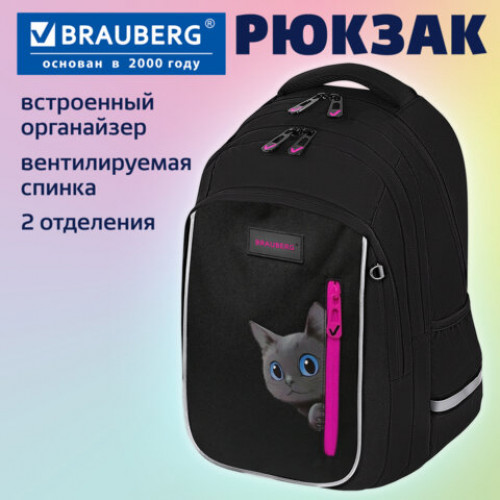 Рюкзак BRAUBERG INTENT, 2 отделения, 4 кармана, Peering cat, 39х27х14 см, 274396