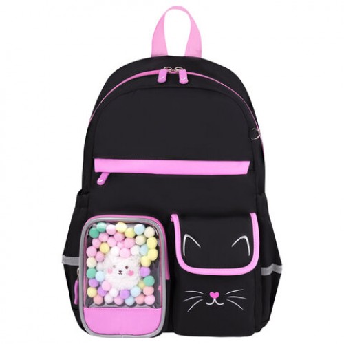 Рюкзак BRAUBERG PASTEL с термонашивками в комплекте, Black kitty, черный, 40х29х14 см, 273128