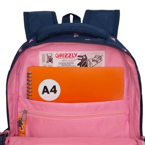 Рюкзак GRIZZLY школьный, анатом. спинка, 2 отделения, д/дев., PINK BOWS, 39х30х20 см, RG-568-2/3