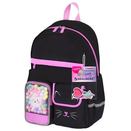 Рюкзак BRAUBERG PASTEL с термонашивками в комплекте, Black kitty, черный, 40х29х14 см, 273128