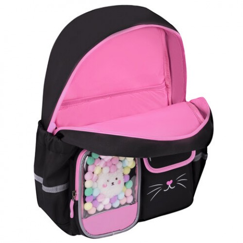 Рюкзак BRAUBERG PASTEL с термонашивками в комплекте, Black kitty, черный, 40х29х14 см, 273128