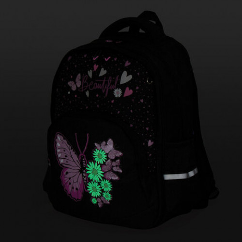 Рюкзак BRAUBERG SOFT, 2 отделения, 3 кармана, Flower butterfly, СВЕТЯЩИЙСЯ, 40х31х15 см, 271365
