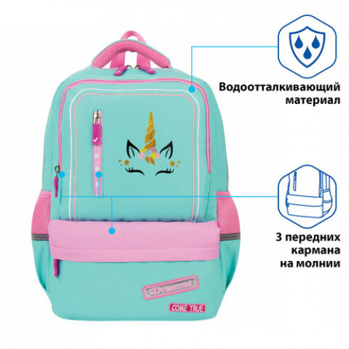 Рюкзак BRAUBERG STAR, Unicorn, мятный, 40х29х13 см, 229977