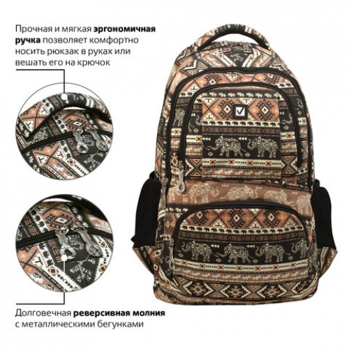 Рюкзак BRAUBERG для старшеклассников/студентов/молодежи, узоры, Слоны, 27 литров, 47х32х14 см, 226354