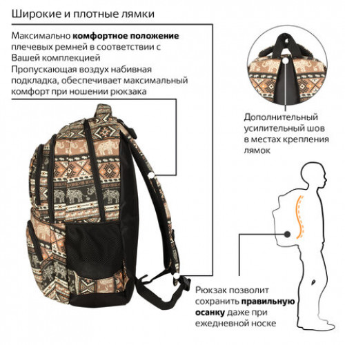 Рюкзак BRAUBERG для старшеклассников/студентов/молодежи, узоры, Слоны, 27 литров, 47х32х14 см, 226354