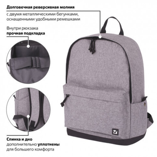 Рюкзак BRAUBERG универсальный, сити-формат, Grey Melange, с защитой от влаги, 43х30х17 см, 228842
