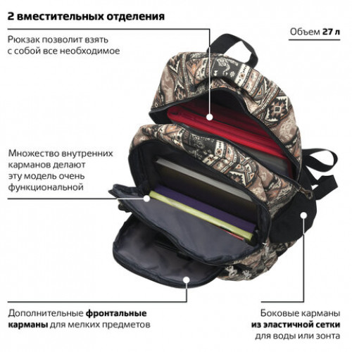 Рюкзак BRAUBERG для старшеклассников/студентов/молодежи, узоры, Слоны, 27 литров, 47х32х14 см, 226354