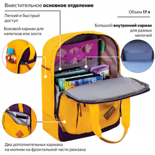 Рюкзак BRAUBERG FRIENDLY молодежный, горчично-фиолетовый, 37х26х13 см, 270093