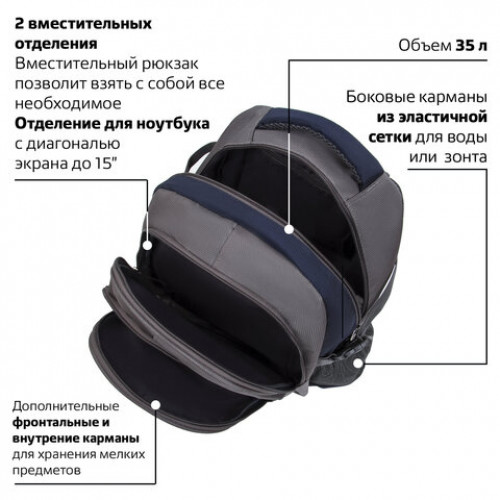 Рюкзак BRAUBERG MainStream 1, 35 л, размер 45х32х19 см, ткань, серо-синий, 224445