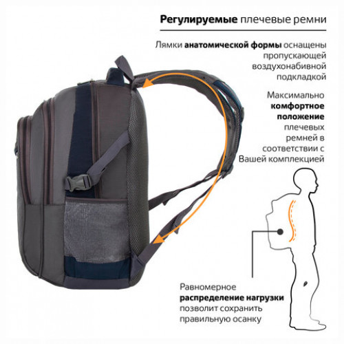 Рюкзак BRAUBERG MainStream 2, 35 л, размер 45х32х19 см, ткань, серо-синий, 224446