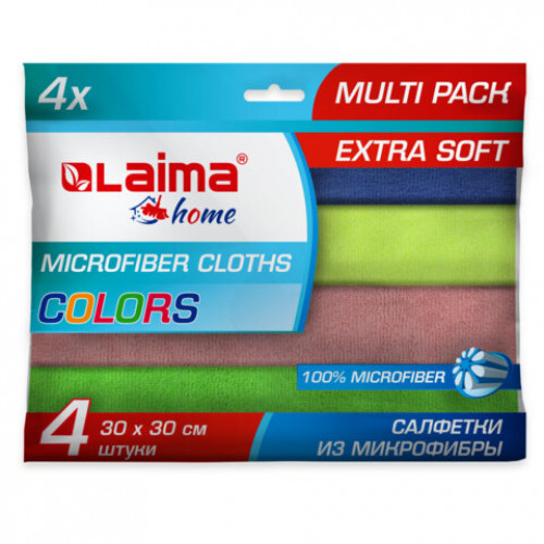 Салфетка из плотной микрофибры 30х30см MULTI PACK PRO COLOUR 30 КОМПЛЕКТ 4шт LAIMA, 607792