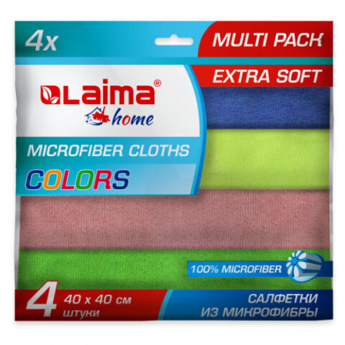 Салфетка из плотной микрофибры 40х40см MULTI PACK PRO COLOUR 40 КОМПЛЕКТ 4шт LAIMA, 607793