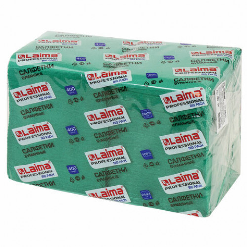 Салфетки бумажные 400 шт., 24х24 см, LAIMA, Big Pack, зеленые (интенсив), 100% целлюлоза, 111796