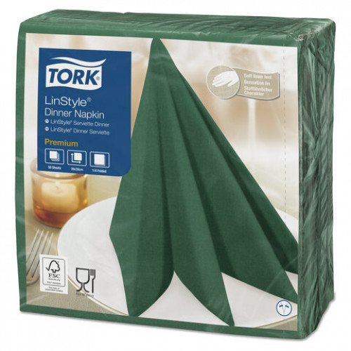 Салфетки бумажные нетканые сервировочные TORK LinStyle Premium, 39х39 см, 50 шт., темно-зеленые, 478847