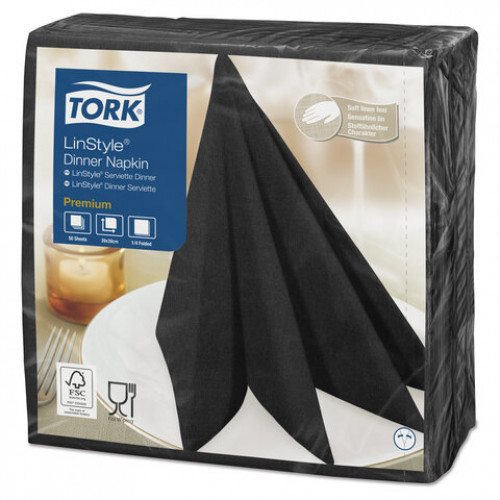 Салфетки бумажные нетканые сервировочные TORK LinStyle Premium, 39х39 см, 50 шт., чёрные, 478726