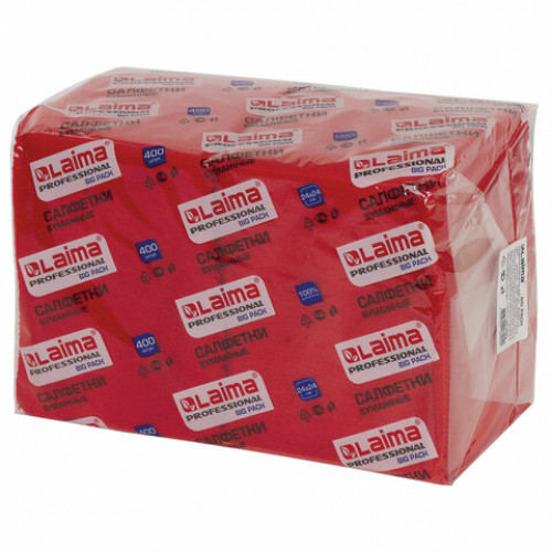 Салфетки бумажные 400 шт., 24х24 см, LAIMA, Big Pack, красные (интенсив), 100% целлюлоза, 111795