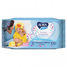 Салфетки влажные КОМПЛЕКТ 100 шт., для детей AURA Ultra comfort, универсальные, очищающие, гипоаллергенные, без спирта, 5637