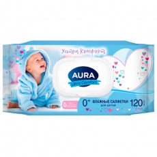 Салфетки влажные 120шт, для детей, AURA Ultra Comfort с алоэ и витамином Е, крышка кл, 14847