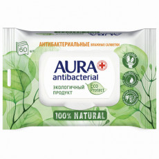 Салфетки влажные антибактериальные 60 шт., AURA Antibacterial ECO Protect, клапан крышка, 10509