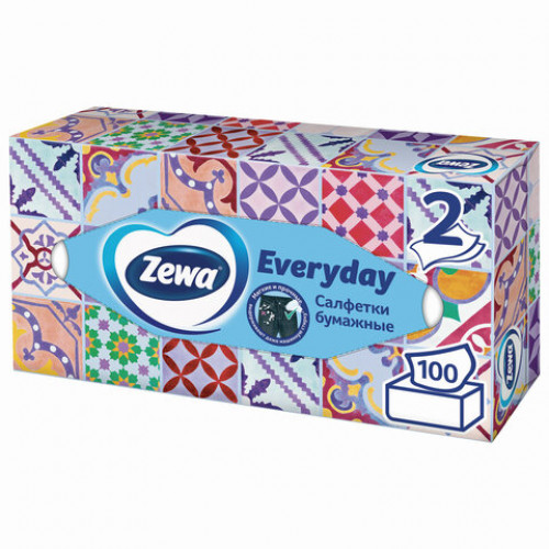 Салфетки косметические 100 штук в картонном боксе, 2-слойные, ZEWA Everyday, 24516, 6286