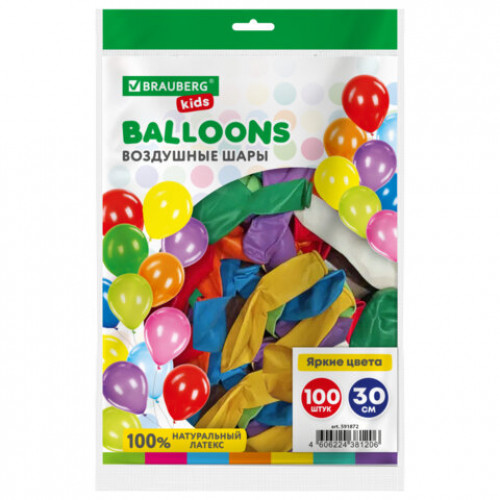 Шары воздушные 30 см, 100 штук, ЯРКИЕ ЦВЕТА, ассорти, BRAUBERG KIDS, 591872